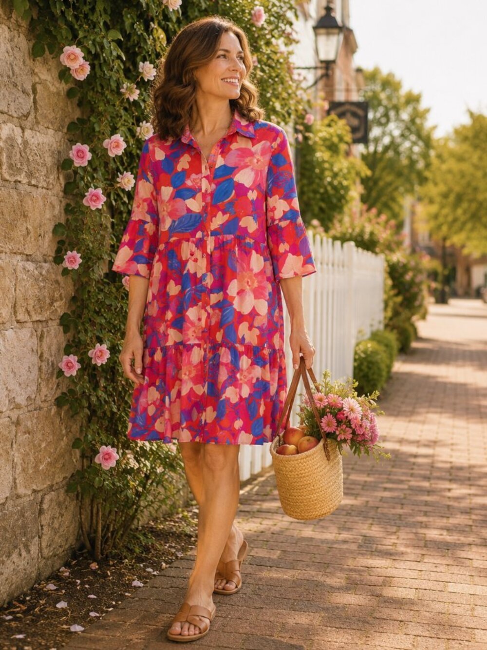 Johnny Was Workshop Giverny Gardens Floral Shirt Dress Small Coral Red Button Up